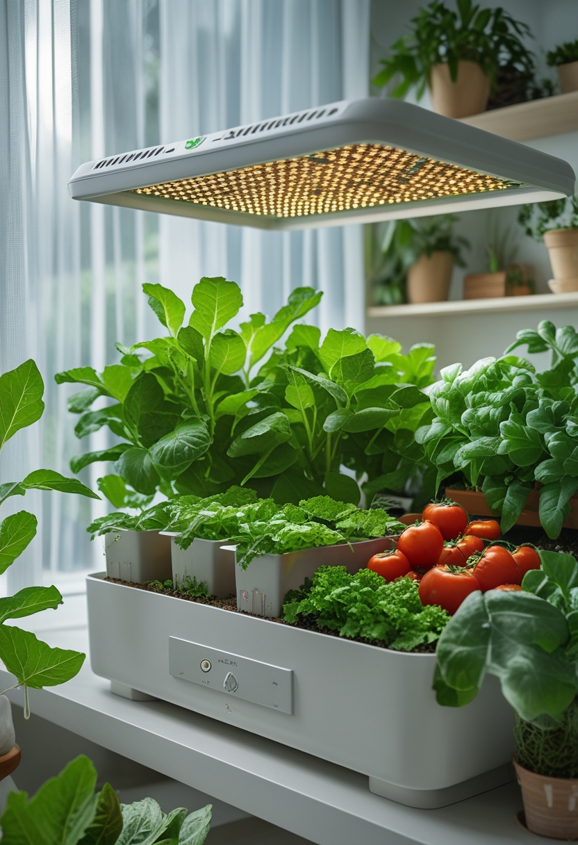 Indoor vegetable garden with healthy green plants growing under artificial grow lights near a window.