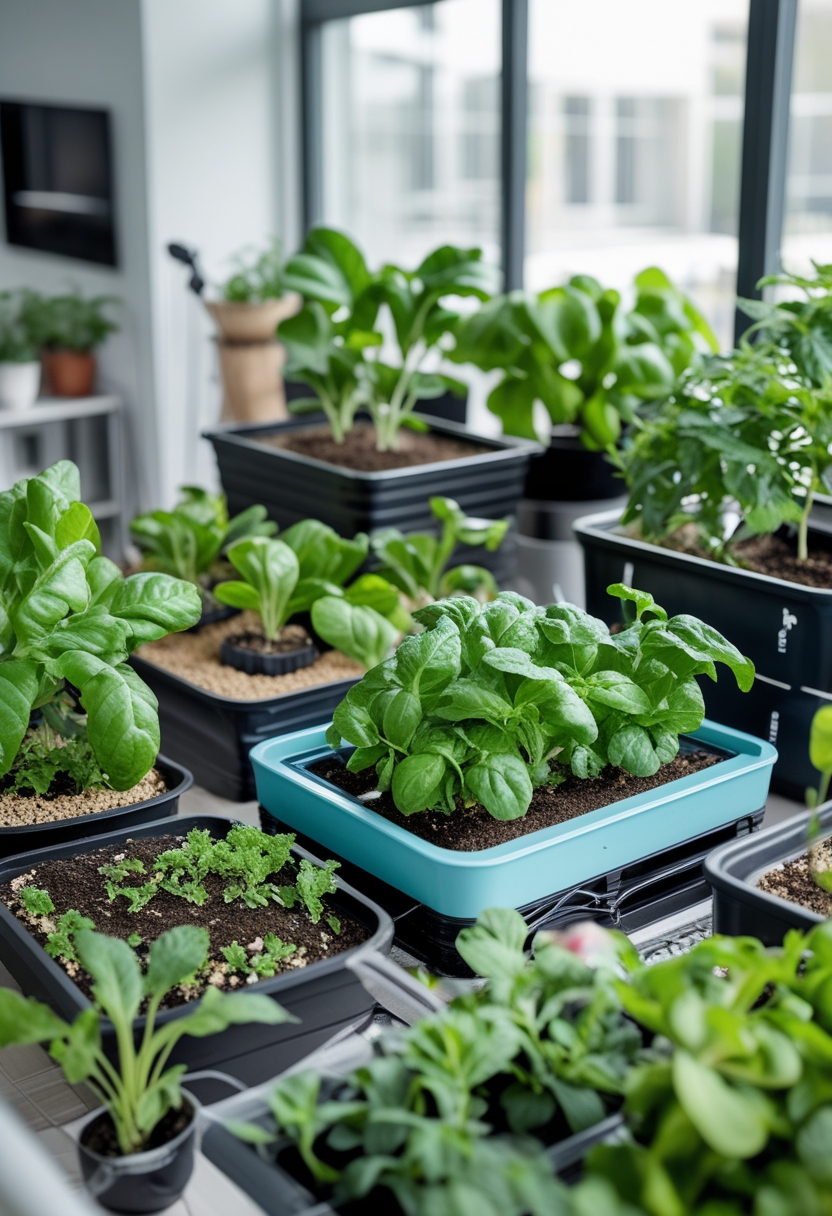 Indoor vegetable garden showing plants growing in soil and hydroponic systems with green leafy vegetables in pots and containers under natural light.