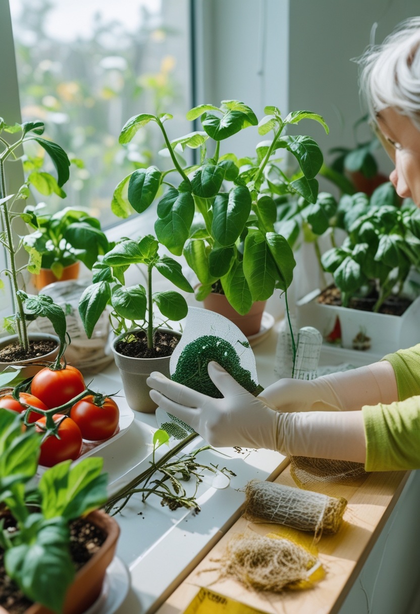 Person inspecting healthy vegetable plants growing indoors on a windowsill with gardening tools nearby.