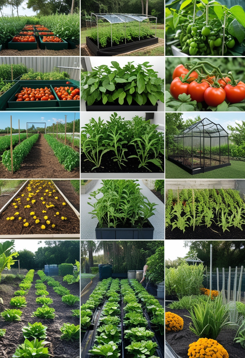 Nine different vegetable gardening setups in a sunny outdoor garden, including raised beds, containers, vertical trellises, a greenhouse, compost bin, irrigation system, mulch paths, companion plants, and a gardener tending plants.