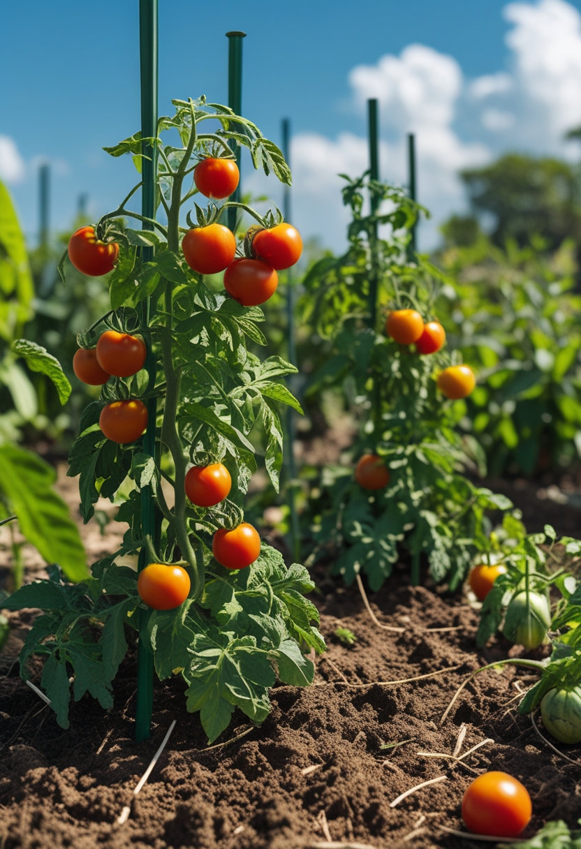 A sunny vegetable garden with healthy tomato plants bearing ripe and green tomatoes under a clear blue sky.