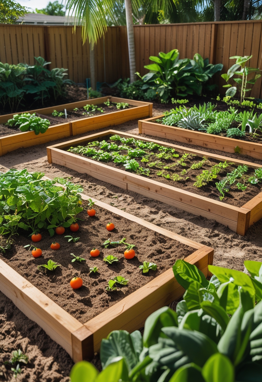 Four cedar raised garden beds filled with sandy soil and young vegetable plants in a sunny backyard garden.