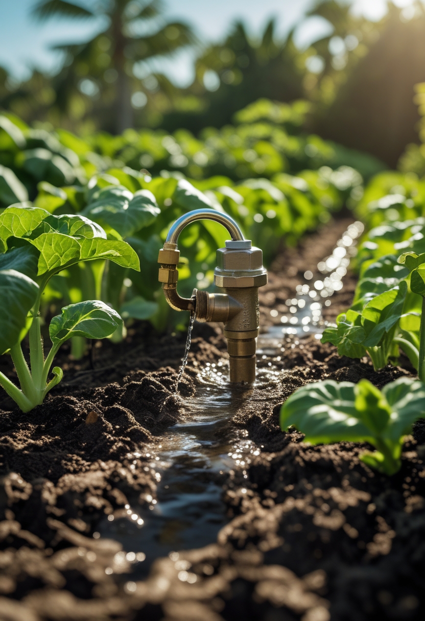 A vegetable garden with drip irrigation tubing and a stainless-steel pressure regulator watering healthy plants in bright sunlight.