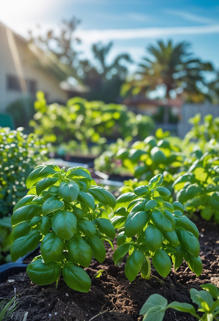 A sunny Florida backyard vegetable garden with healthy green Thai Sweet and Genovese basil plants growing in garden beds.