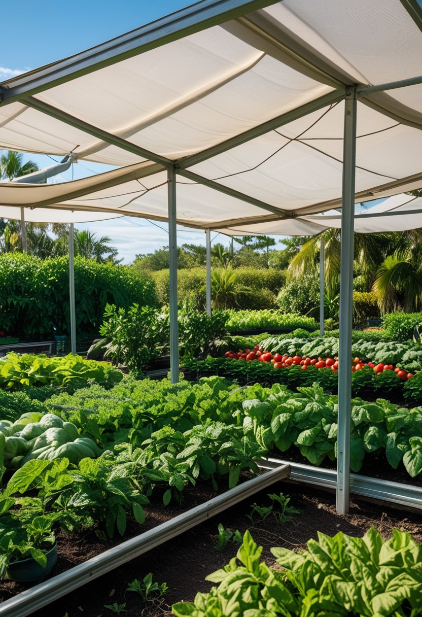 A vegetable garden with plants growing under a frame covered by shade cloth, protecting them from strong sunlight on a sunny day.