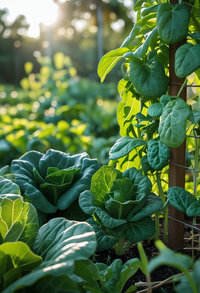 A sunny garden bed with healthy collard greens and Malabar spinach growing together among other vegetable plants.