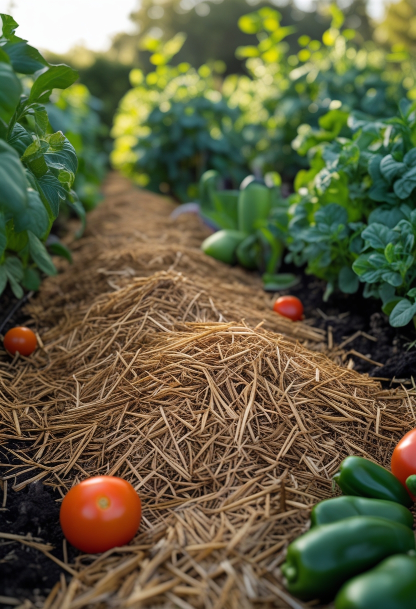 Close-up of a vegetable garden bed covered with pine straw mulch and healthy vegetable plants growing under sunlight.
