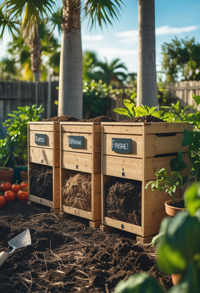 A backyard garden with three wooden compost bins and healthy vegetable plants growing nearby under bright sunlight.