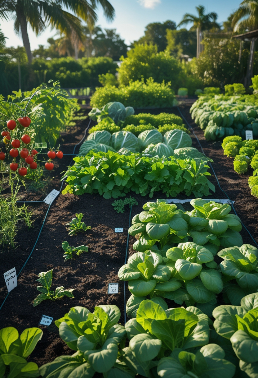 A vegetable garden divided into sections growing tomatoes, cabbages, squash, and beans under a sunny sky.