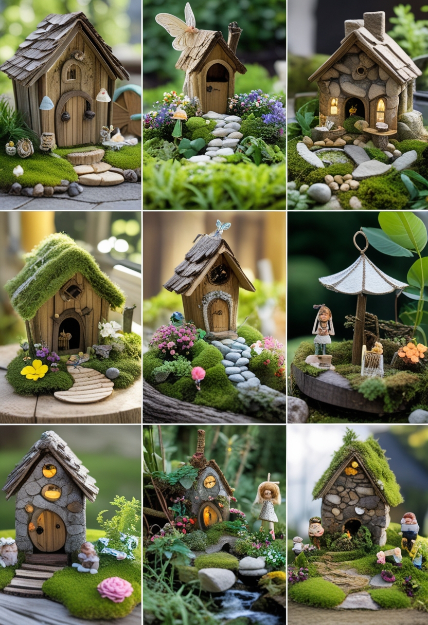 Eight miniature fairy gardens with tiny houses, figurines, flowers, and pathways arranged outdoors.