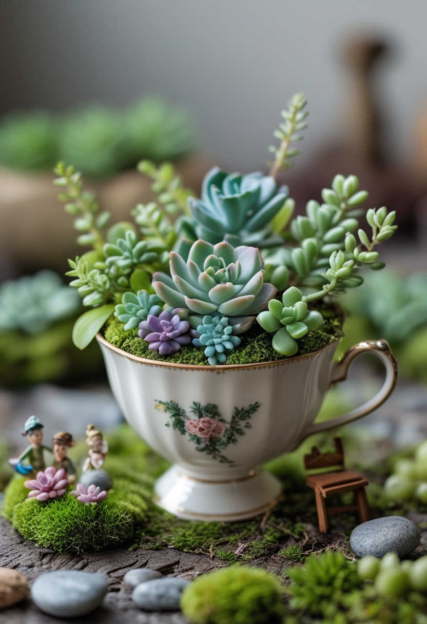 A teacup filled with small succulent plants surrounded by miniature fairy garden decorations including tiny moss, stones, and small furniture pieces.