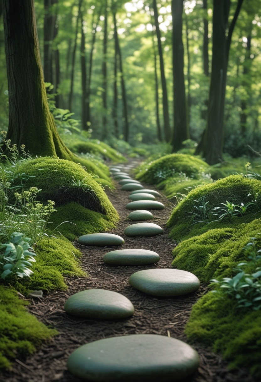 A moss-covered woodland path with pebble stepping stones surrounded by green trees and plants.