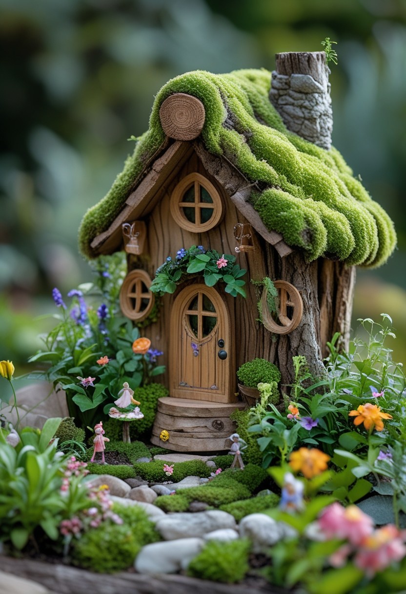 A small fairy cottage made from a hollowed log surrounded by plants and flowers in a garden.