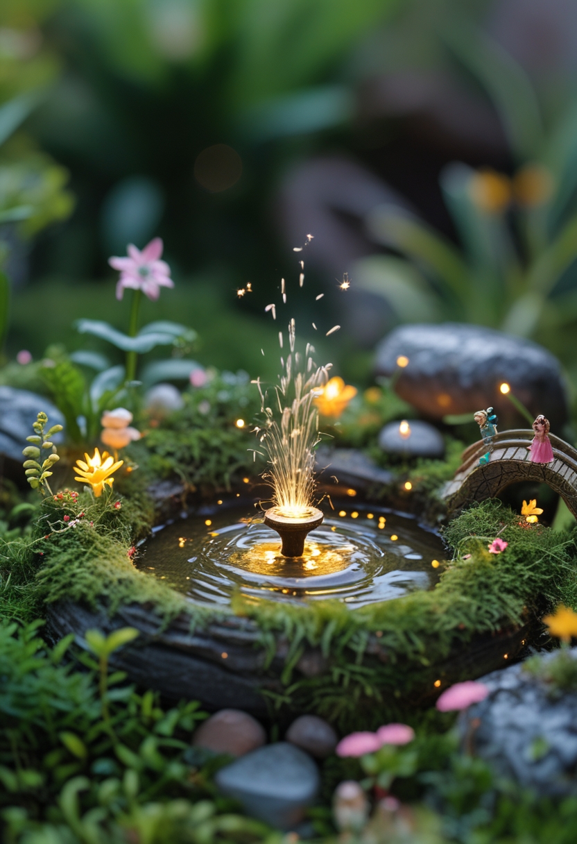 A miniature pond with a small LED fountain surrounded by moss, tiny flowers, and miniature fairy garden decorations.