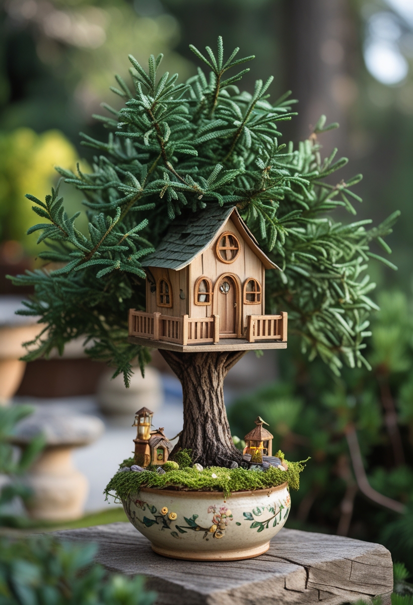 A miniature fairy treehouse built inside a potted dwarf conifer with small doors and windows surrounded by green needles.