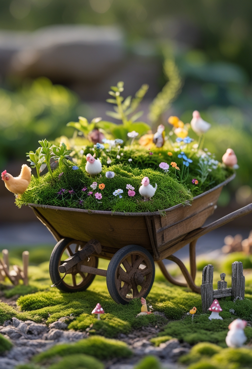 A vintage wooden wheelbarrow filled with moss, tiny flowers, and miniature farm animals arranged as a fairy garden outdoors.
