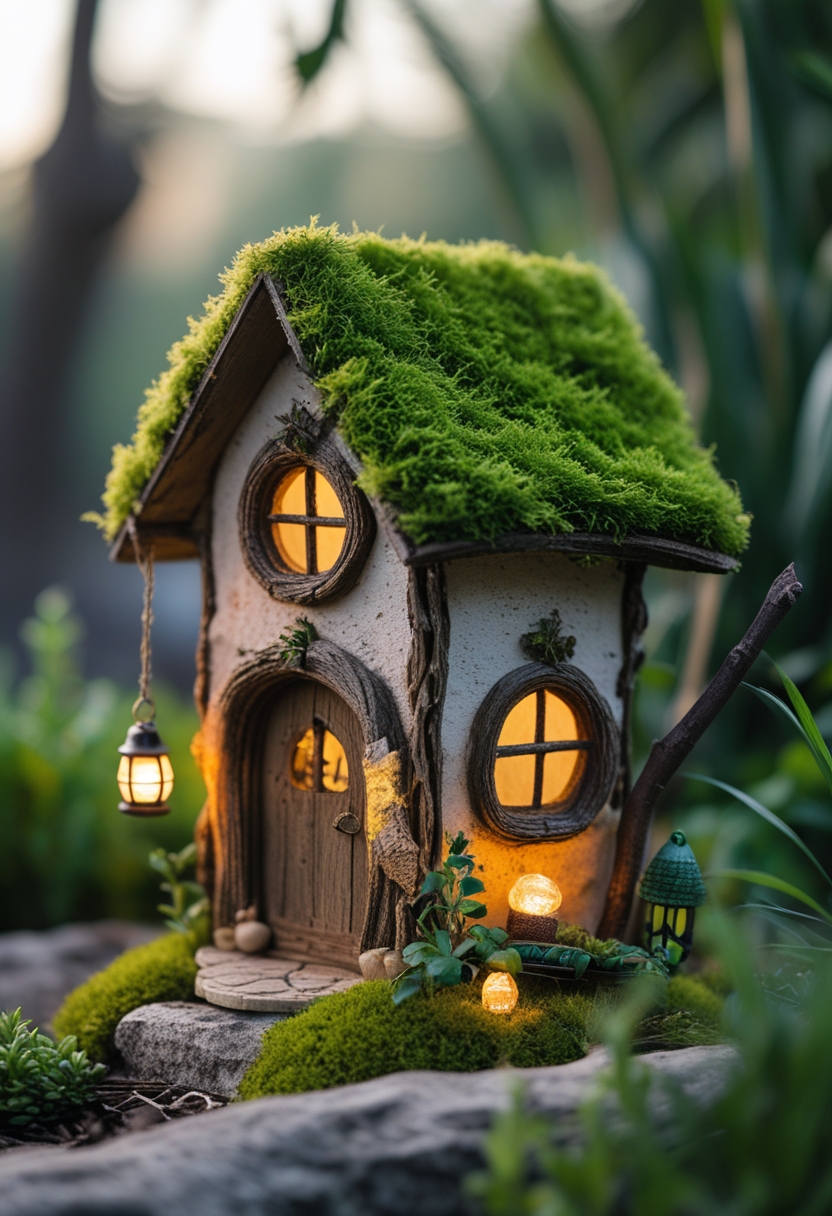 A small fairy house with a moss-covered roof, a tiny swing, and a lantern surrounded by greenery.
