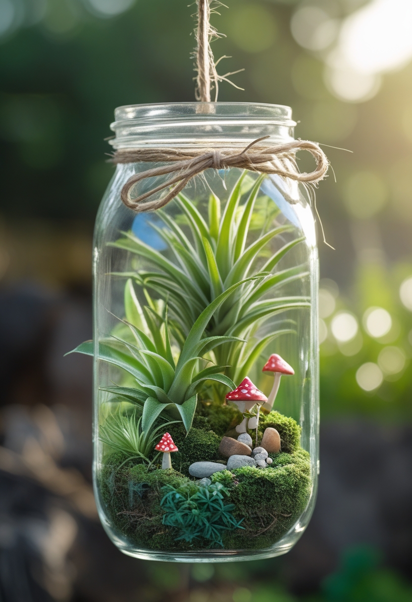 A mason jar hanging outdoors with air plants and miniature fairy garden decorations inside.