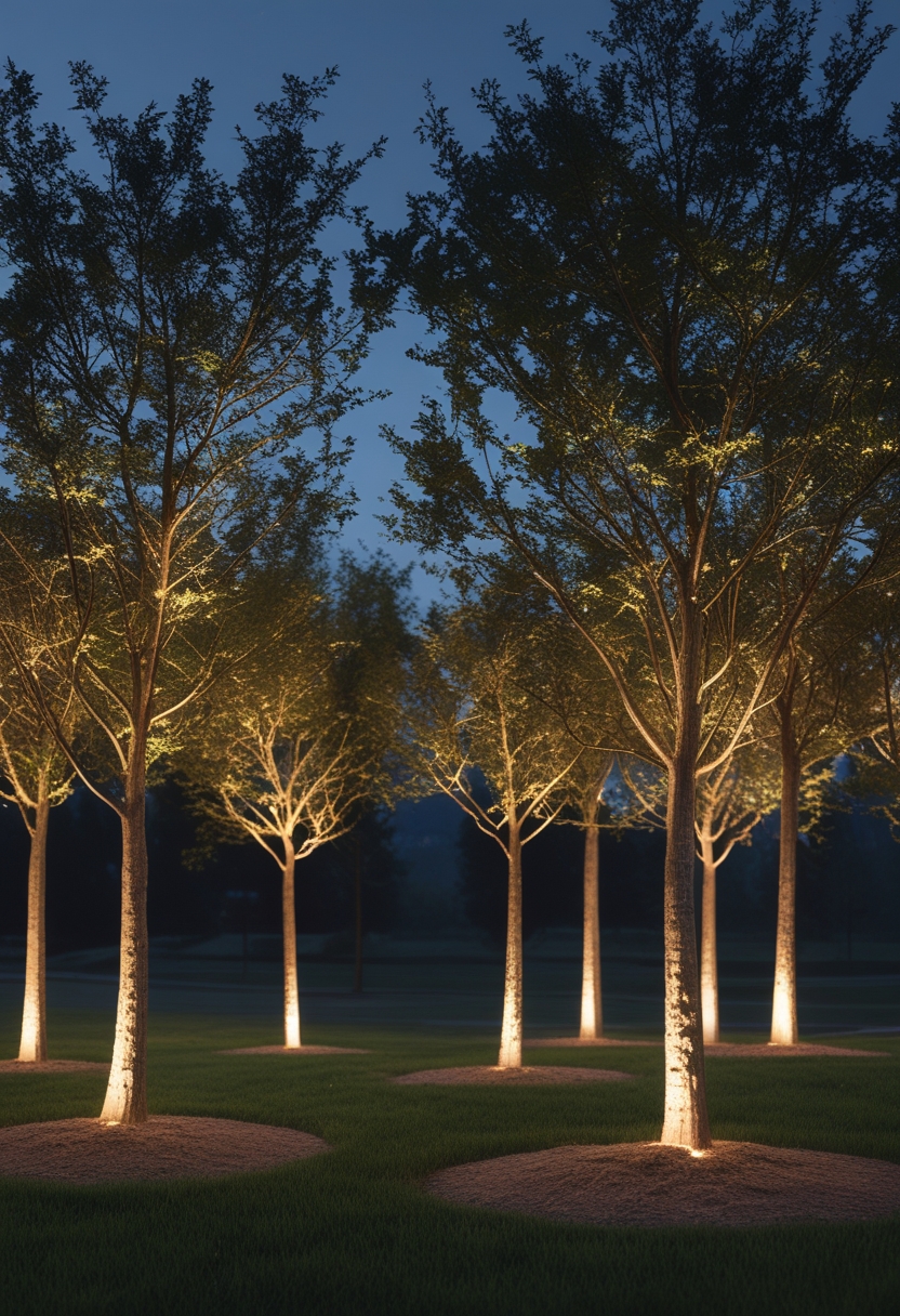 Nine trees outdoors lit by warm lights at dusk in a garden setting.