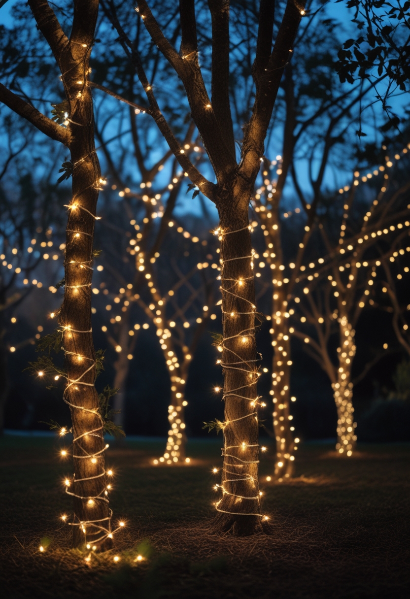 Outdoor trees with warm white string lights hanging from their branches at dusk.