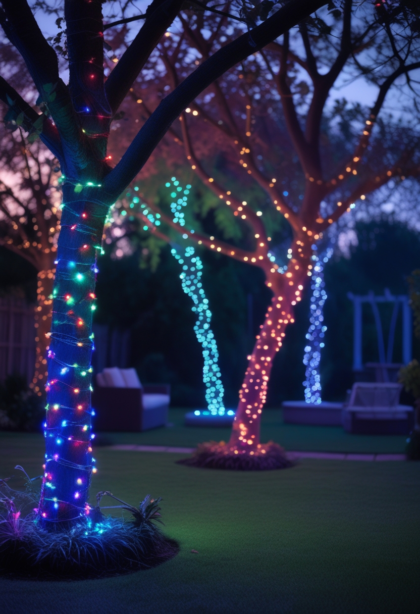 Outdoor trees decorated with colorful glowing string lights in a backyard at dusk.