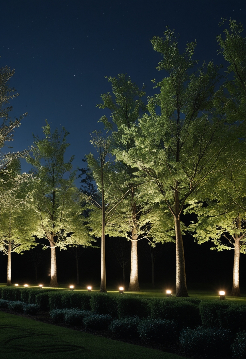 Nine outdoor trees illuminated from below by low-voltage LED uplights at night in a garden setting.