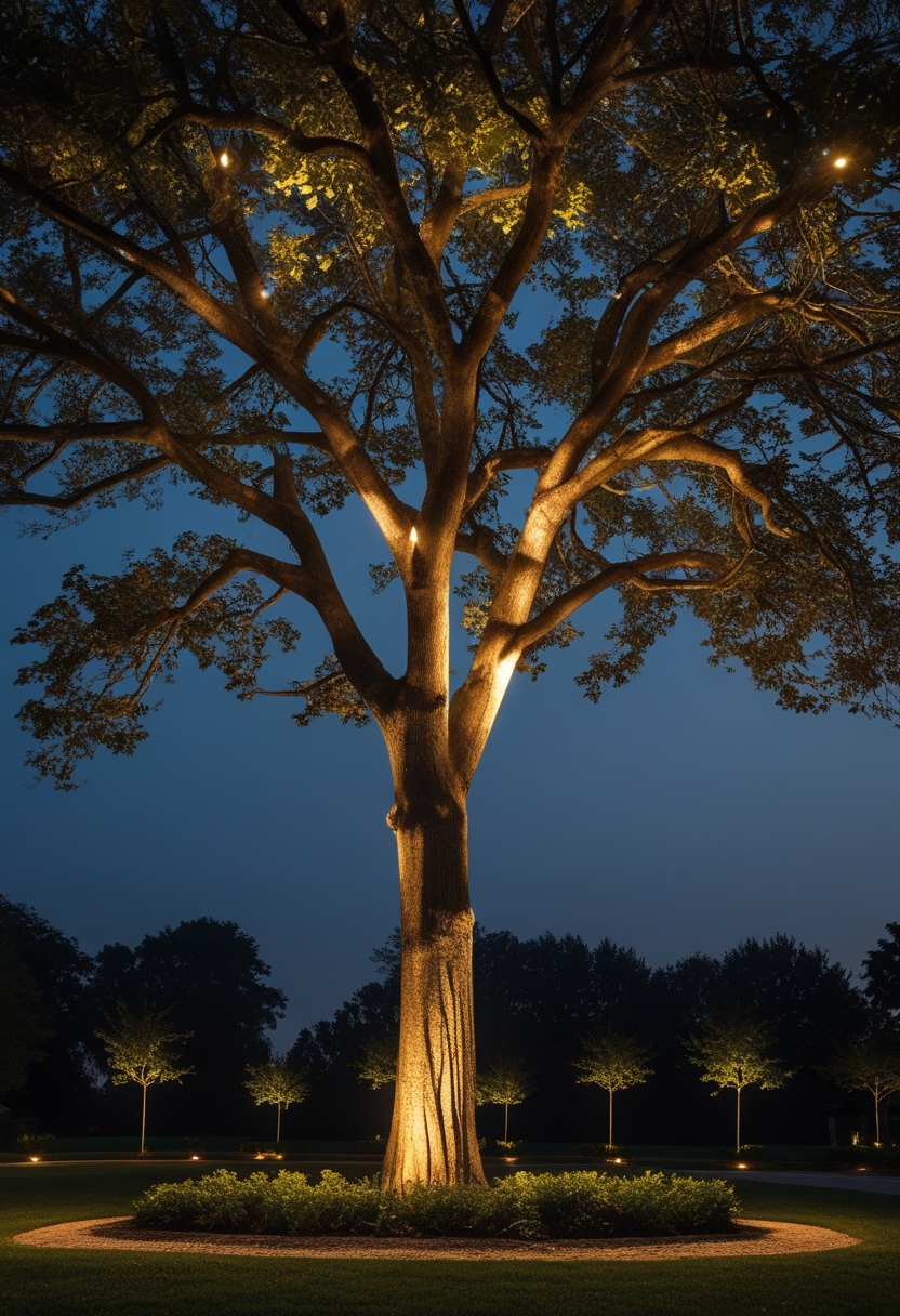 A large tree at night illuminated by warm lights from high branches, casting soft shadows on the ground in a garden setting.