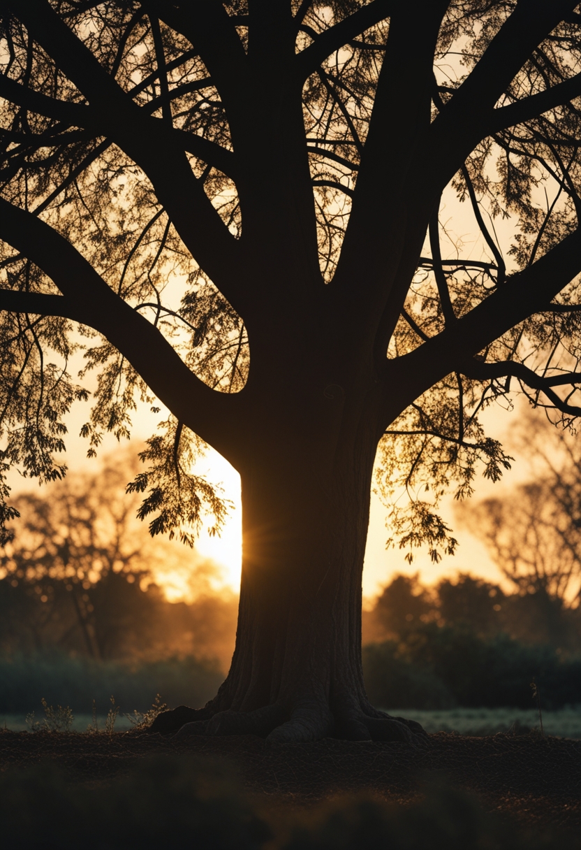 Silhouette of a large tree trunk and canopy backlit by warm outdoor lighting at twilight.