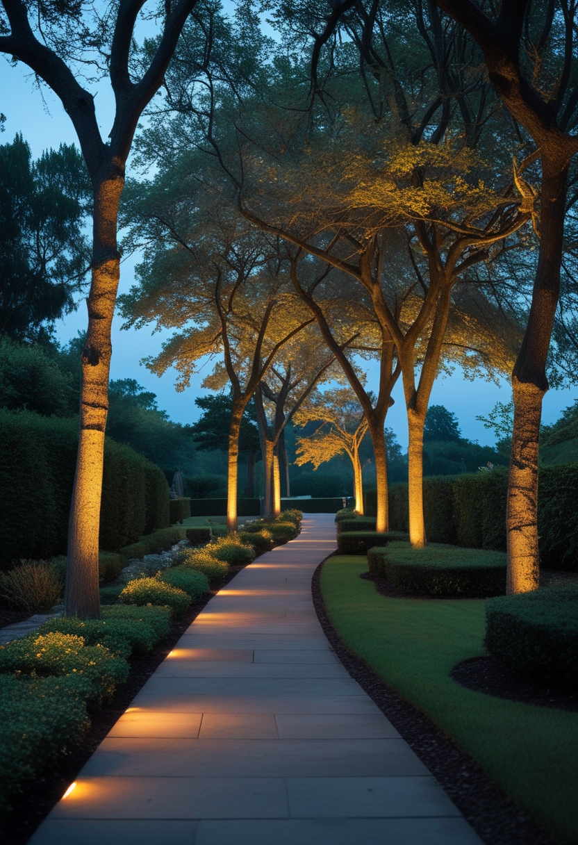 An outdoor garden pathway at dusk with trees softly illuminated by ground-mounted lights along the path.