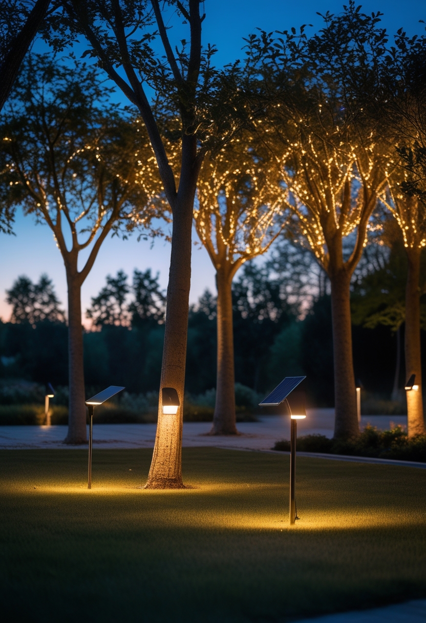Nine solar-powered stake spotlights lighting up outdoor trees in a garden at dusk.
