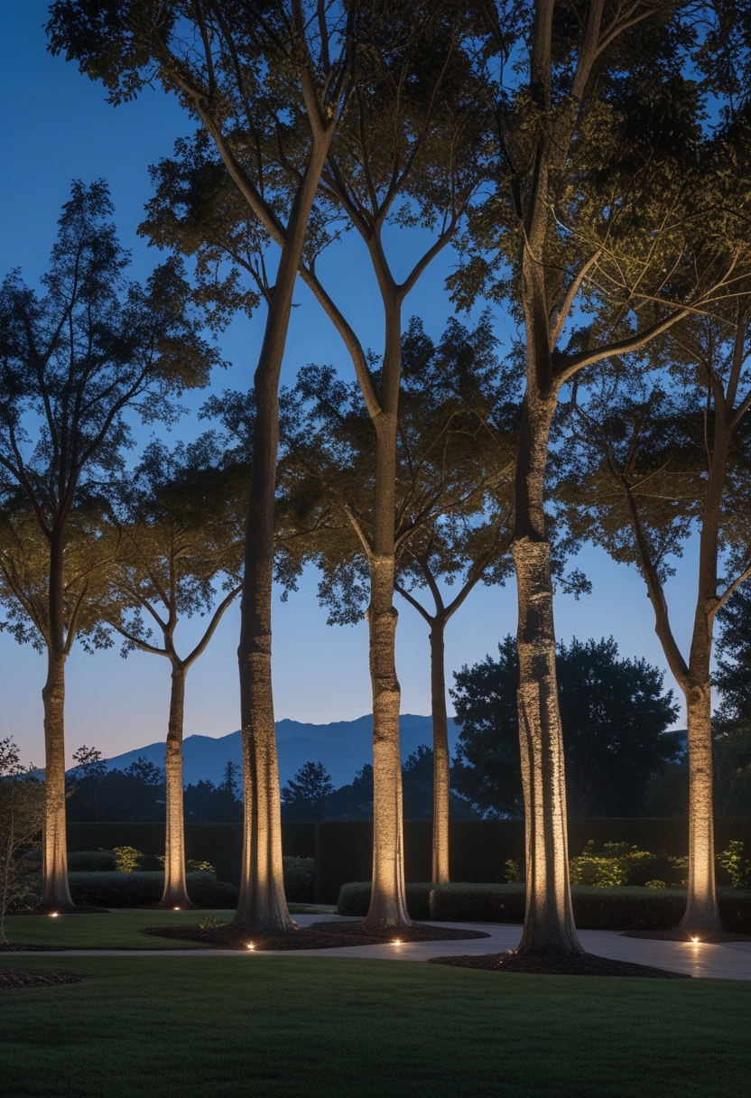 Nine trees outdoors at dusk illuminated from below by warm LED uplights highlighting their trunks and branches.