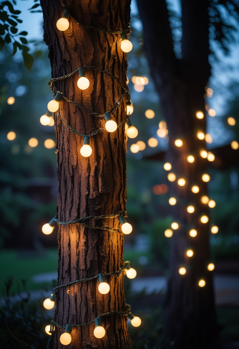 Outdoor tree trunks wrapped with glowing festoon bulbs creating a warm light in a garden setting at dusk.