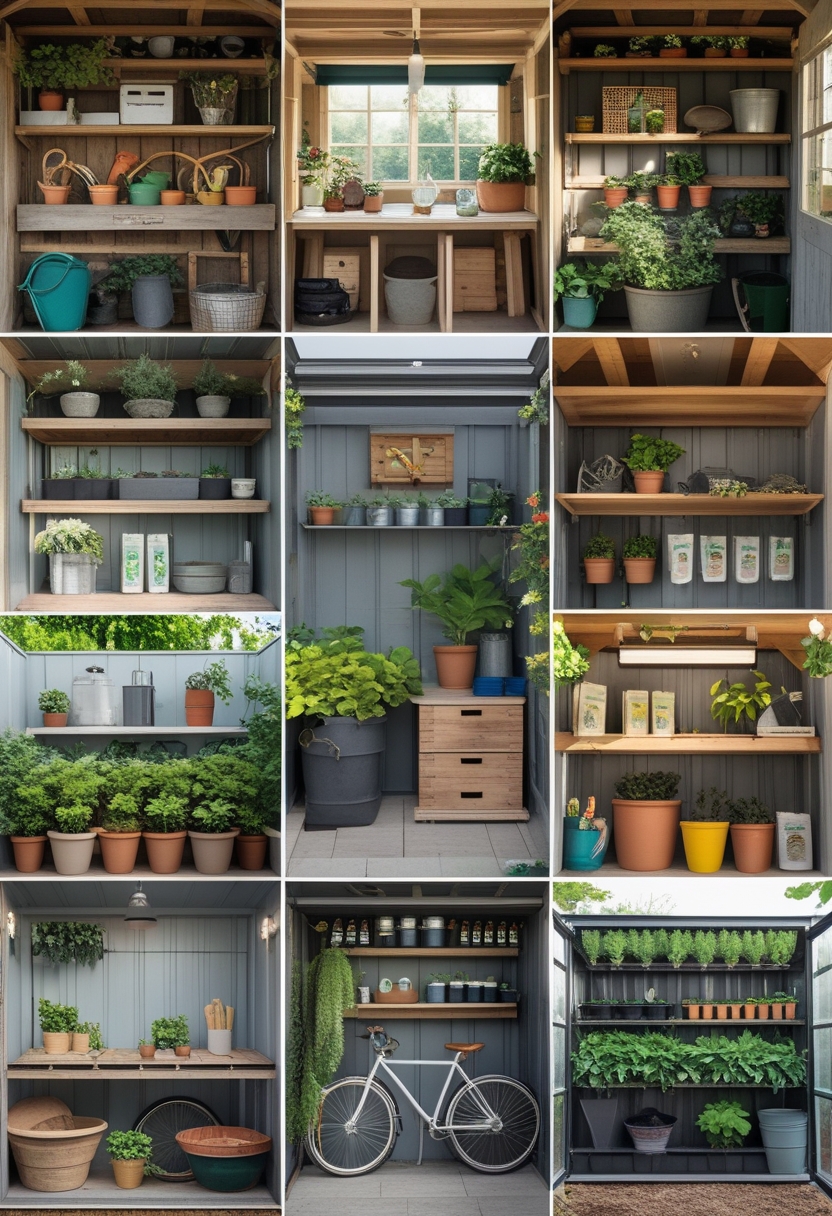 Eight different garden shed interiors showing various gardening tools, shelves, workbenches, pots, and storage setups.