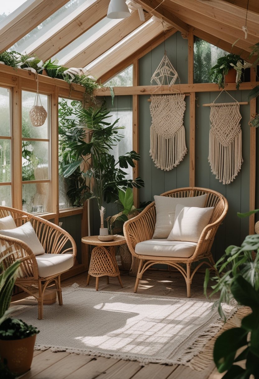 Interior of a garden shed with rattan furniture, plants, and decorative wall hangings.