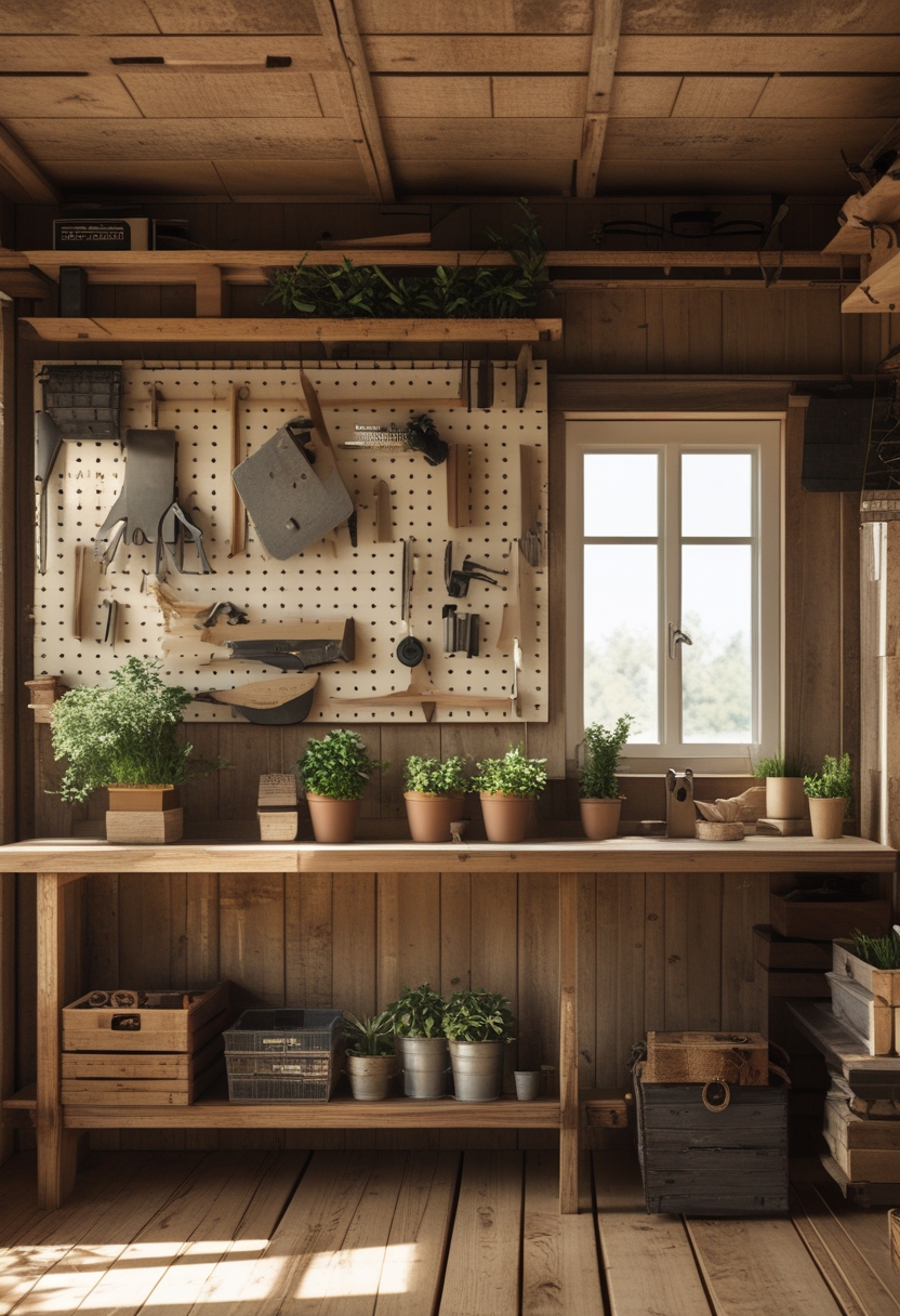 Interior of a garden shed with wooden walls, a pegboard holding various hand tools, a workbench with gardening supplies, and natural light coming through a window.