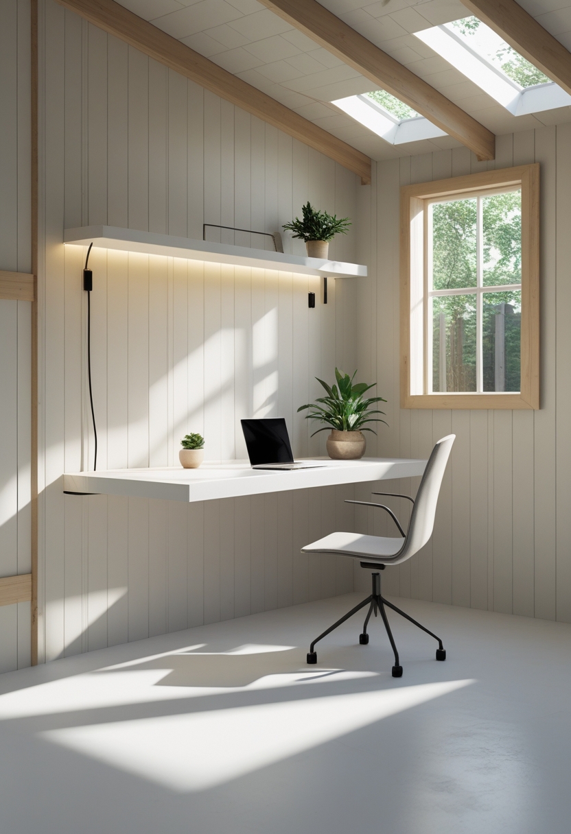 A minimalist home office inside a garden shed with a floating desk and integrated wiring, featuring a chair, window, and a small plant.