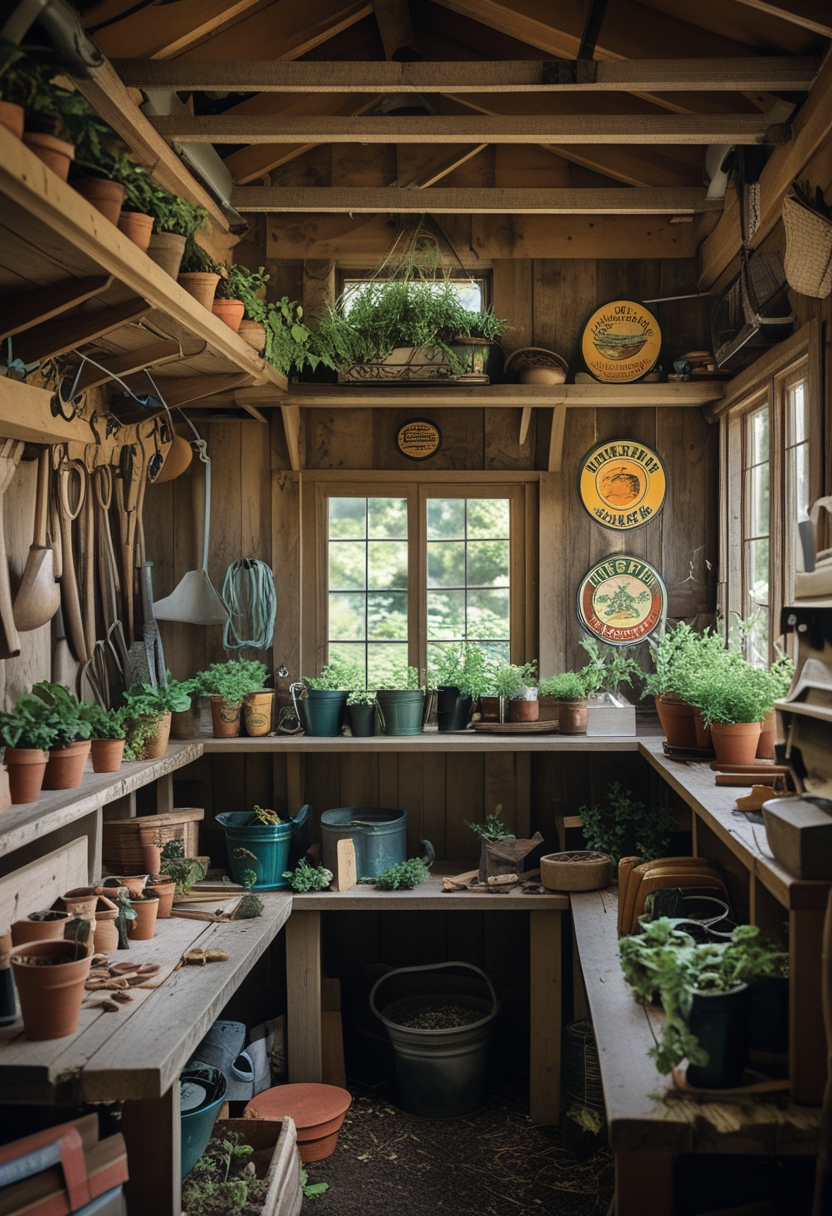 Interior of a garden shed with gardening tools on shelves and walls, a wooden workbench, potted plants, and enamel signs.