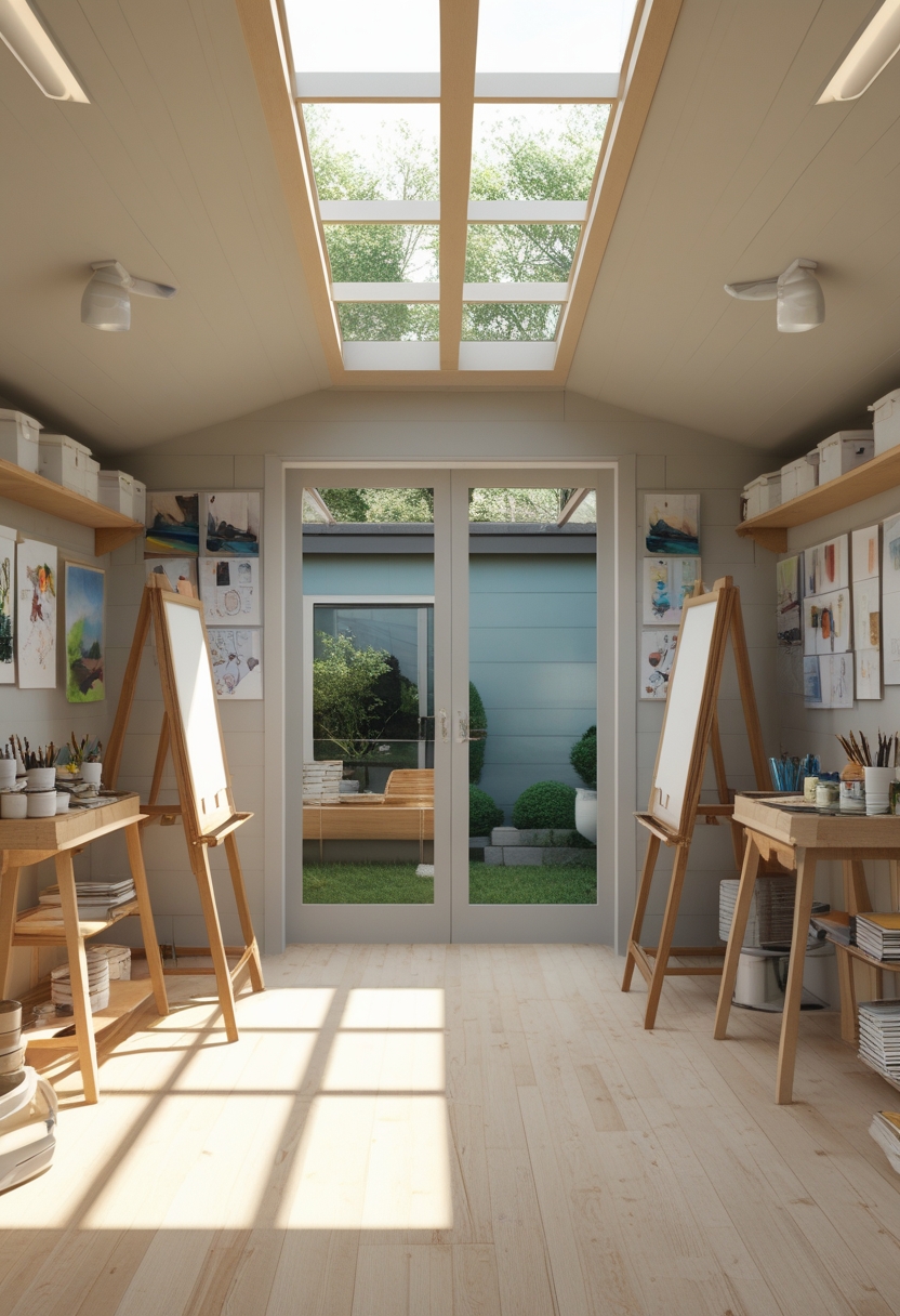 Interior of an art studio shed with a north-facing skylight and adjustable easels surrounded by art supplies and artwork.
