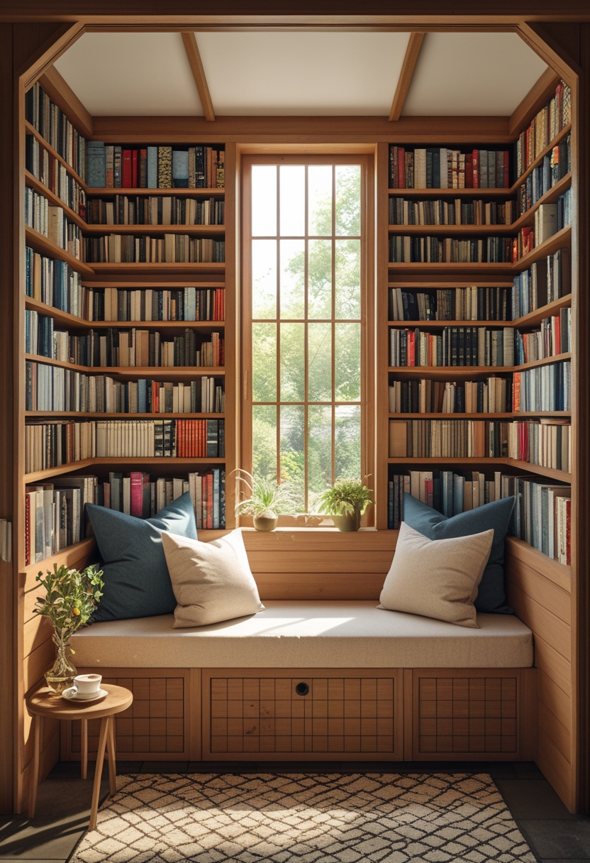 A garden shed interior with a built-in bench and a wall filled with books, creating a cozy reading nook.