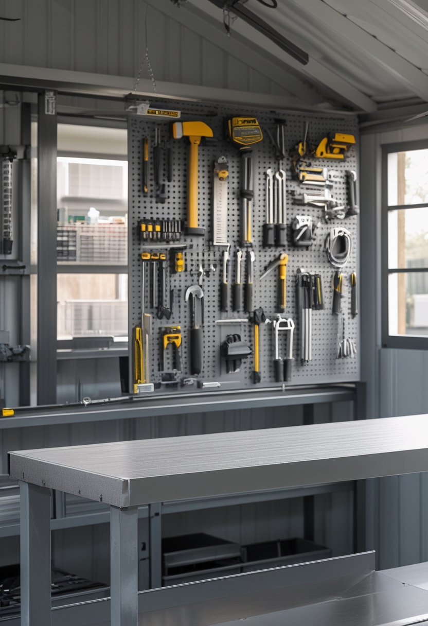 Interior of an industrial workshop shed with a steel workbench and a pegboard holding various hand tools.