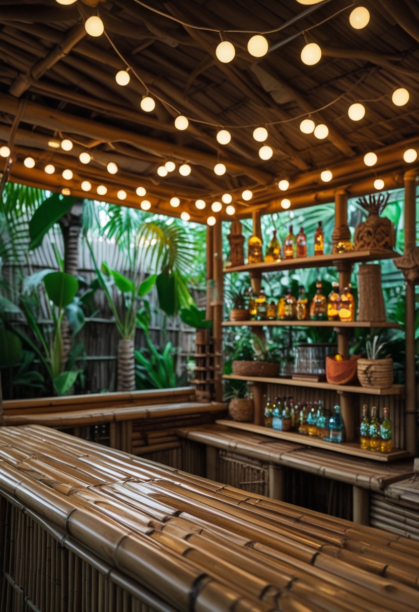 Interior of a tropical tiki bar shed with a bamboo counter and string lights hanging from the ceiling.