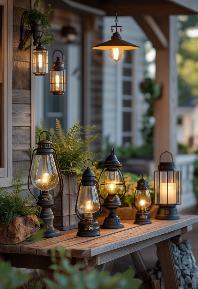 A collection of farmhouse outdoor lighting fixtures displayed on a wooden table with plants and a farmhouse porch in the background.