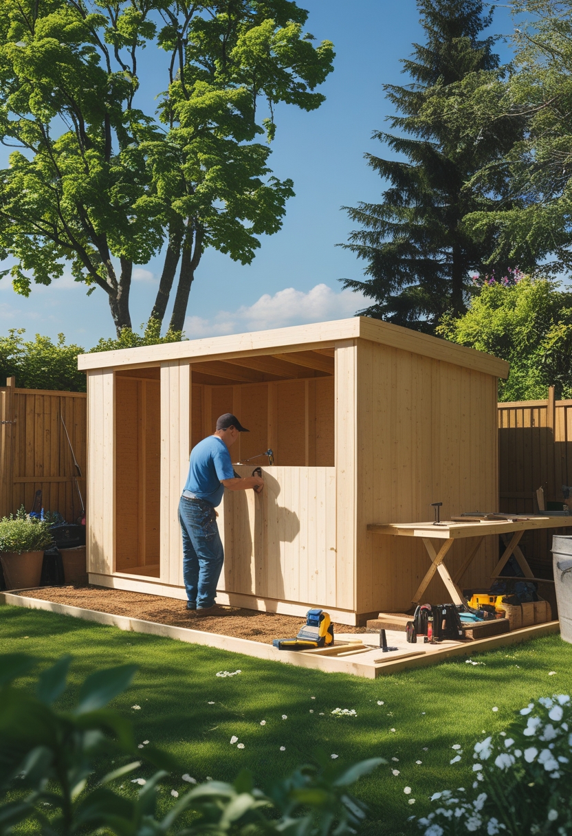 A person building a wooden garden shed outdoors with tools and materials around in a backyard.