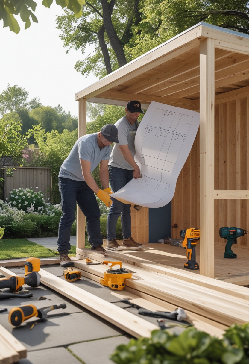 People building a wooden garden shed in a backyard with tools and construction plans.