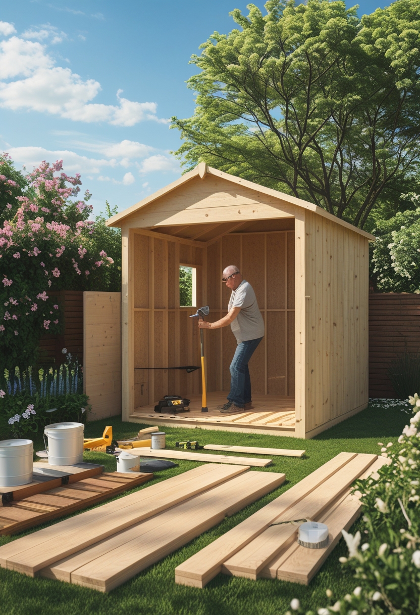 Person assembling a wooden garden shed in a backyard surrounded by gardening materials and plants.