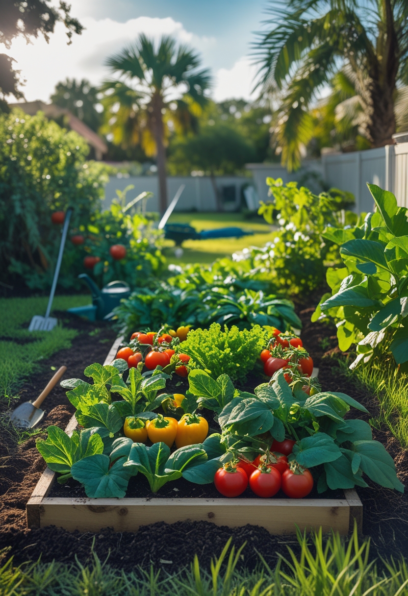 A vegetable garden in Central Florida with various fresh vegetables growing in a sunny backyard surrounded by palm trees.