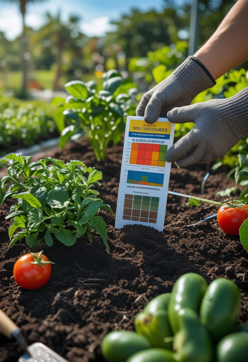 Hands testing soil in a vegetable garden with healthy plants and gardening tools nearby.