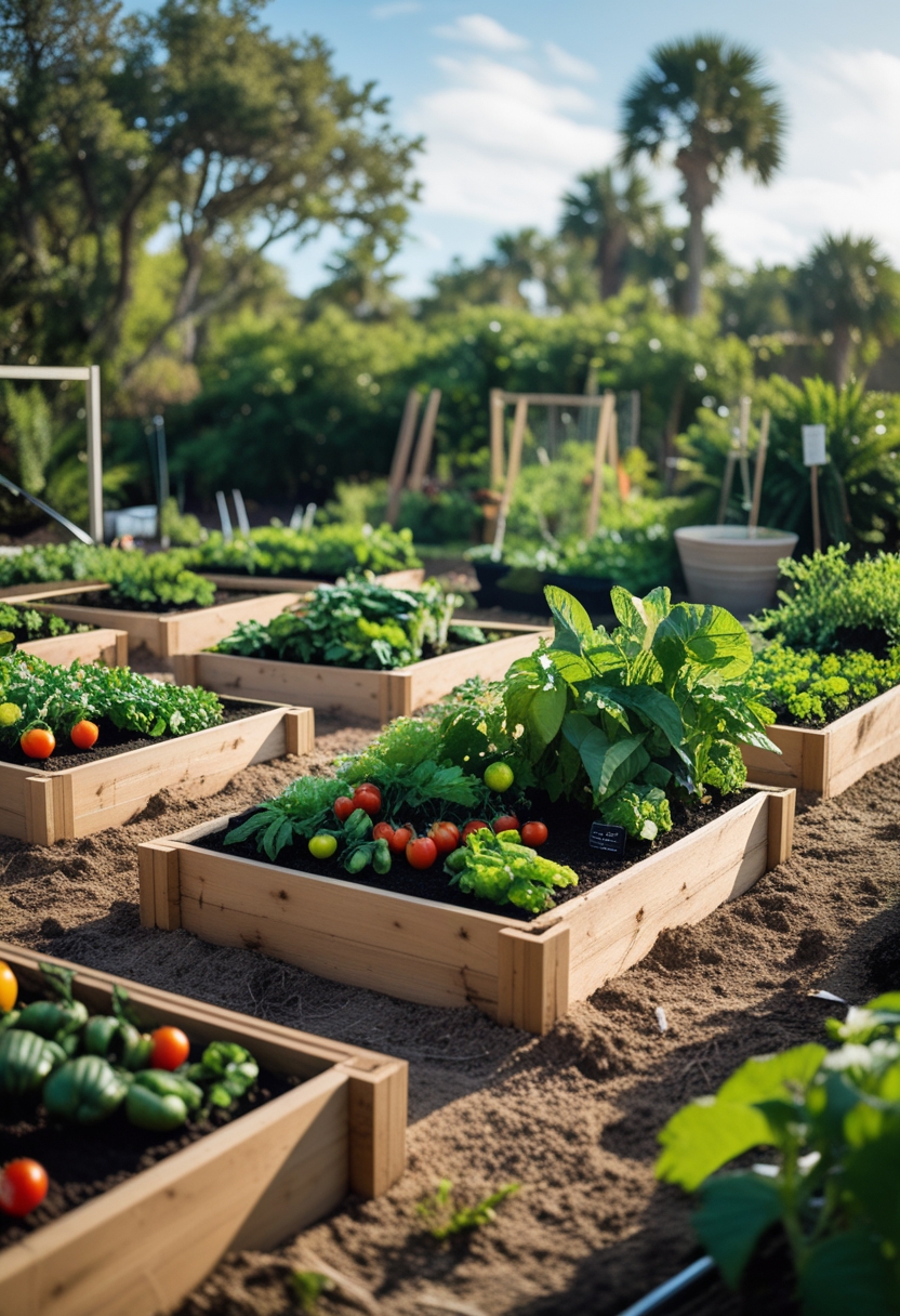 Raised wooden garden beds filled with dark, rich soil and growing healthy vegetable plants in a sunny outdoor garden.