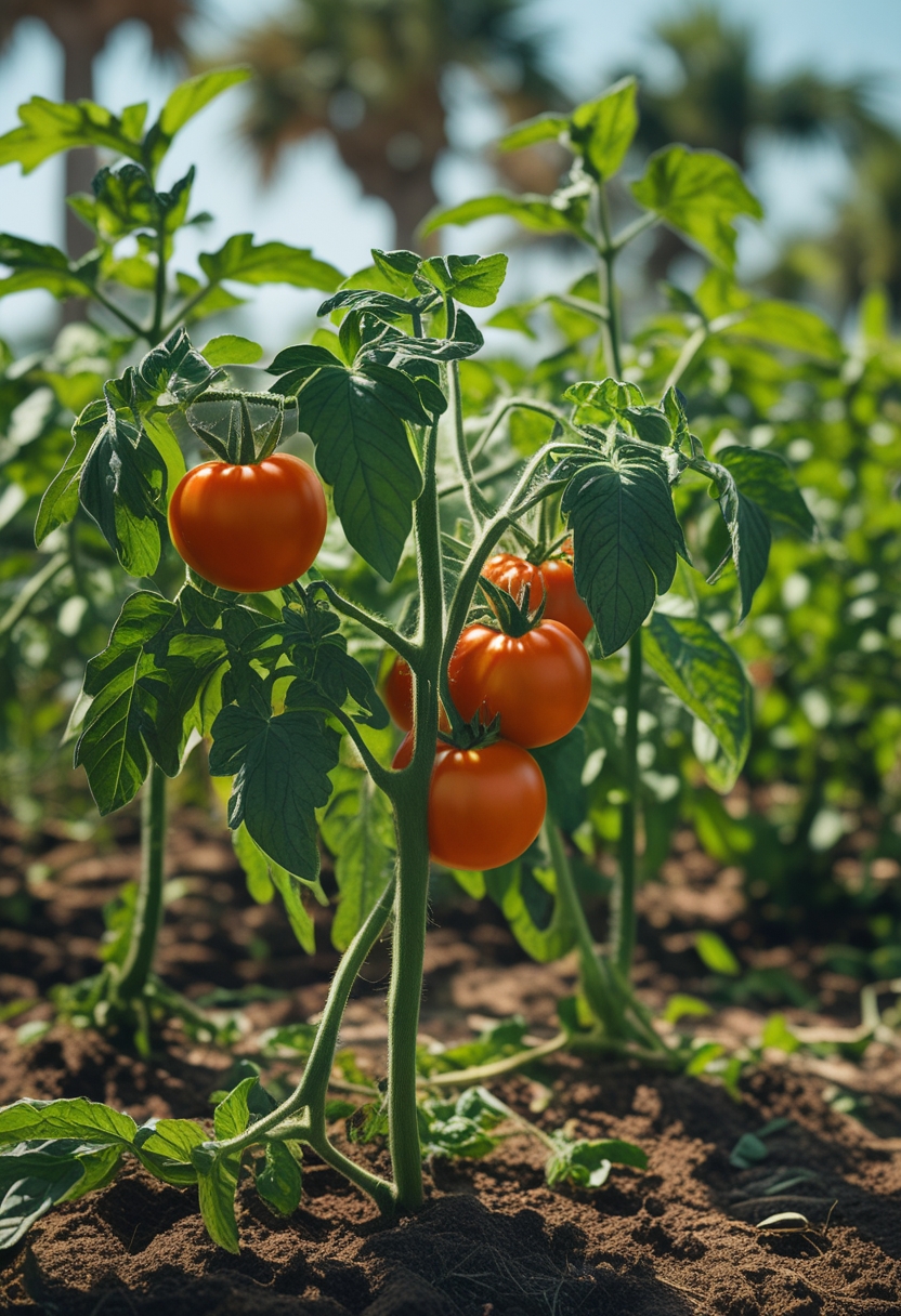 A sunny vegetable garden with healthy tomato plants bearing ripe red tomatoes.