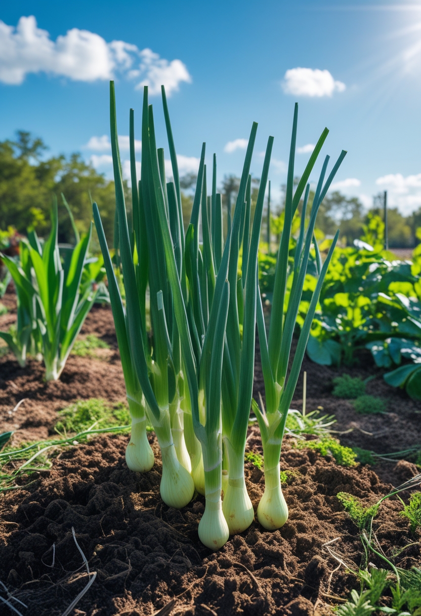 A vegetable garden in Central Florida with green onion plants growing in soil under sunlight and a clear blue sky.